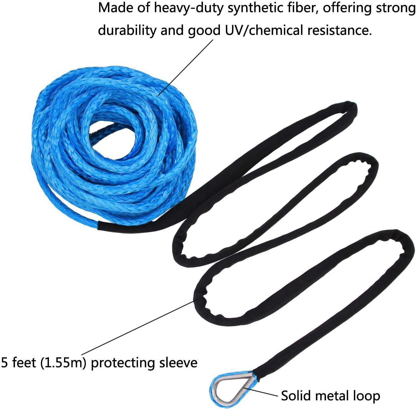 1/4 Inch X 50 Feet 10,000Lbs Synthetic Winch Line Cable Rope with Black Protecing Sleeve for ATV UTV (Blue)