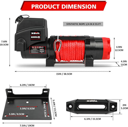 Winch 12V 6000Lbs Boat Trailer Winch with Remote Synthetic Rope 1/4 in X 55 Ft Hook Wireless Remote Handlebar Switch, Automatic Braking, Waterproof, for ATV UTV Powersports off Road