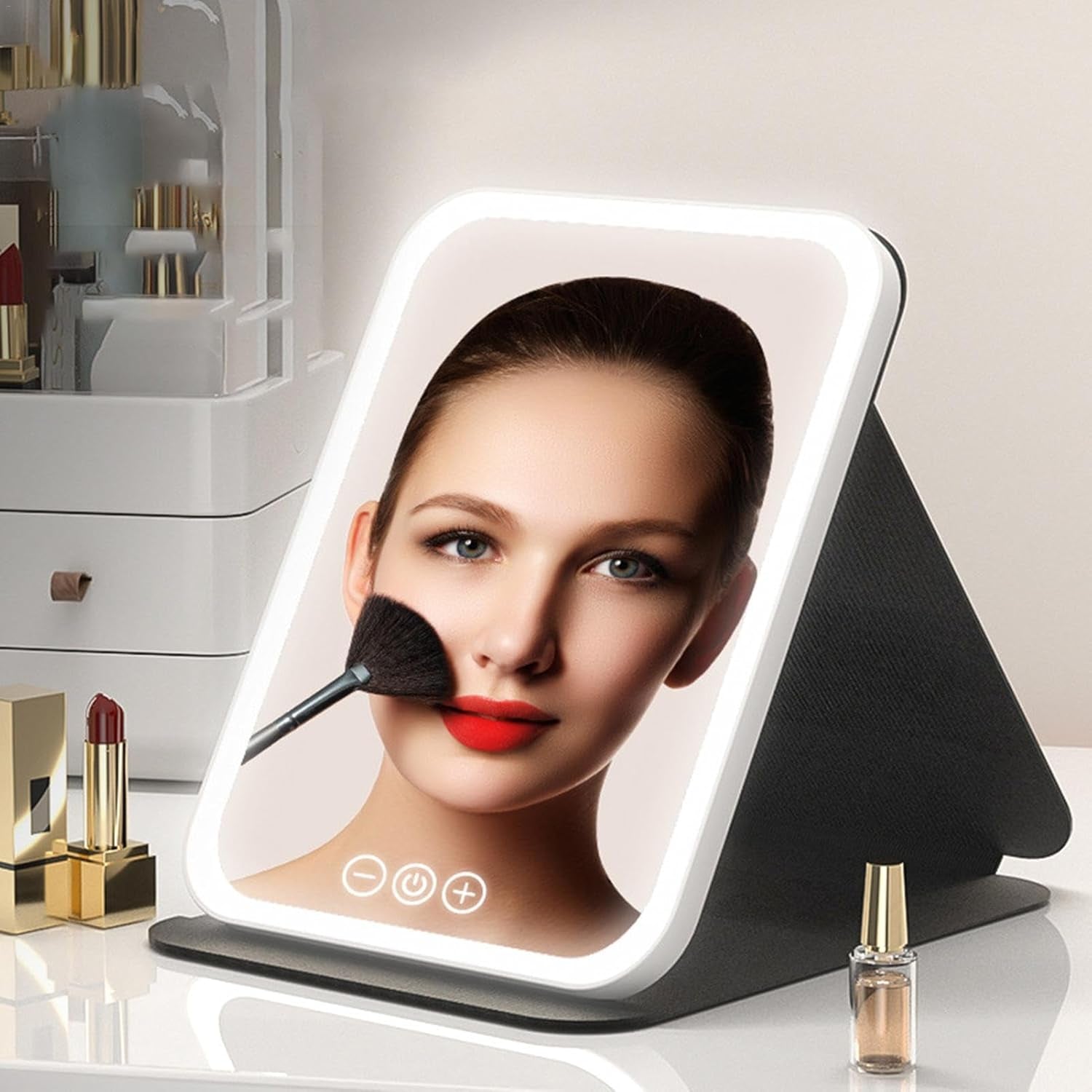 Portable Lighted Travel Mirrors, Foldable Makeup Mirrors Travel, Rechargeable LED Travel Mirrors, Adjustable Travel Lighted Makeup Mirrors 17.5X23 Cm/6.89X9.06 Inches for Women Girls Black