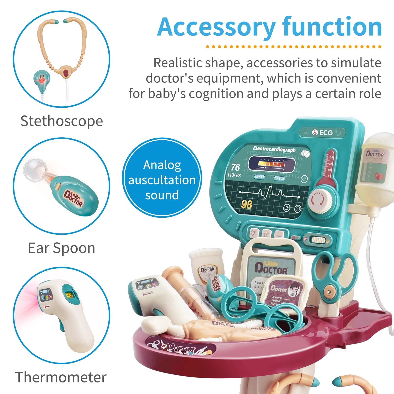 Aiqi Play Doctor Kit for Kids,Medical Kit Toy Cart with 24Pieces Accessories Doctor Play Set for Kids,Toddler Boys & Girls