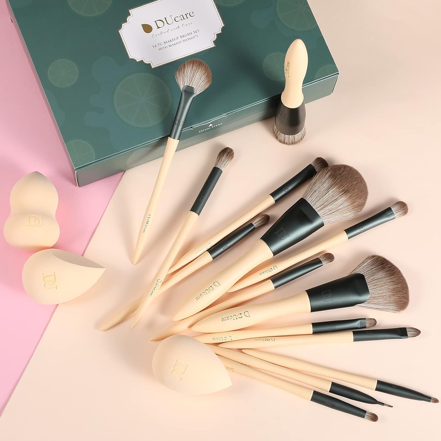 Makeup Brushes 14Pcs with 3Pcs Makeup Spong & Cosmetic Bag - Lime Mojito Series Christmas Gifts Professional Kabuki Foundation Blending Brush Face Powder Blush Concealers Eye Shadows