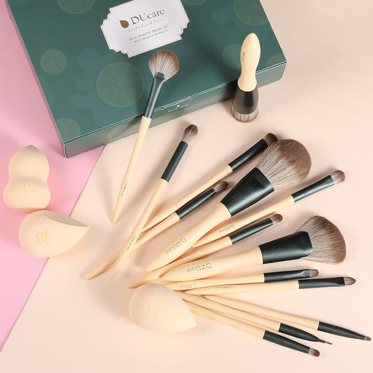 Makeup Brushes 14Pcs with 3Pcs Makeup Spong & Cosmetic Bag - Lime Mojito Series Christmas Gifts Professional Kabuki Foundation Blending Brush Face Powder Blush Concealers Eye Shadows