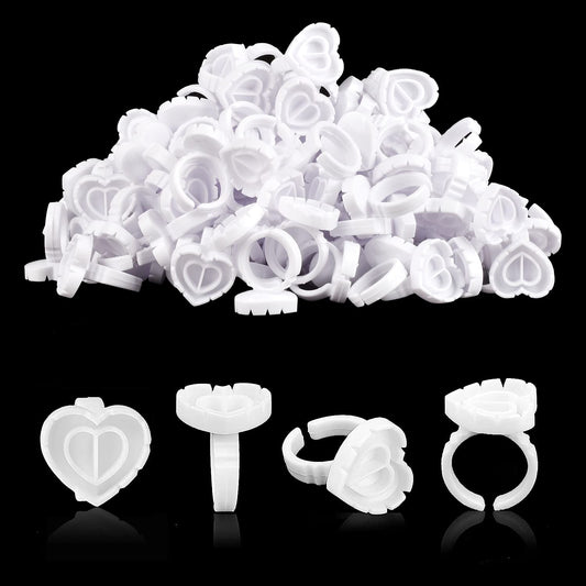 Glue Rings for Eyelash Extensions 100PCS Disposable Rings for Lashes Lovely Heart Shape, Makeup Plastic Nail Art Glue Cups Lash Extension Supplies for Eyelash Extensions White