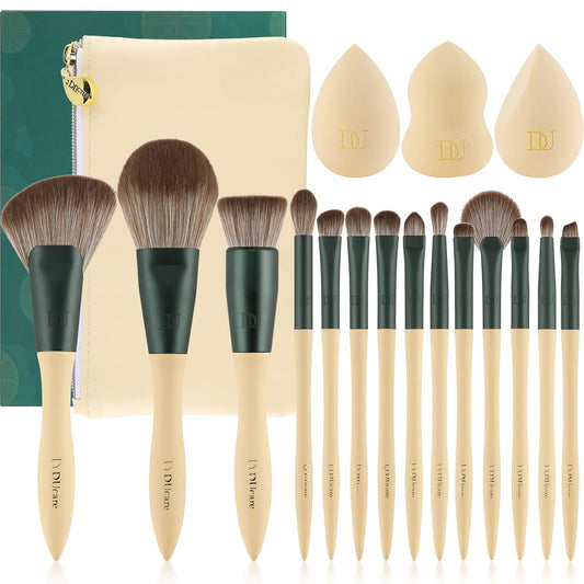 Makeup Brushes 14Pcs with 3Pcs Makeup Spong & Cosmetic Bag - Lime Mojito Series Christmas Gifts Professional Kabuki Foundation Blending Brush Face Powder Blush Concealers Eye Shadows