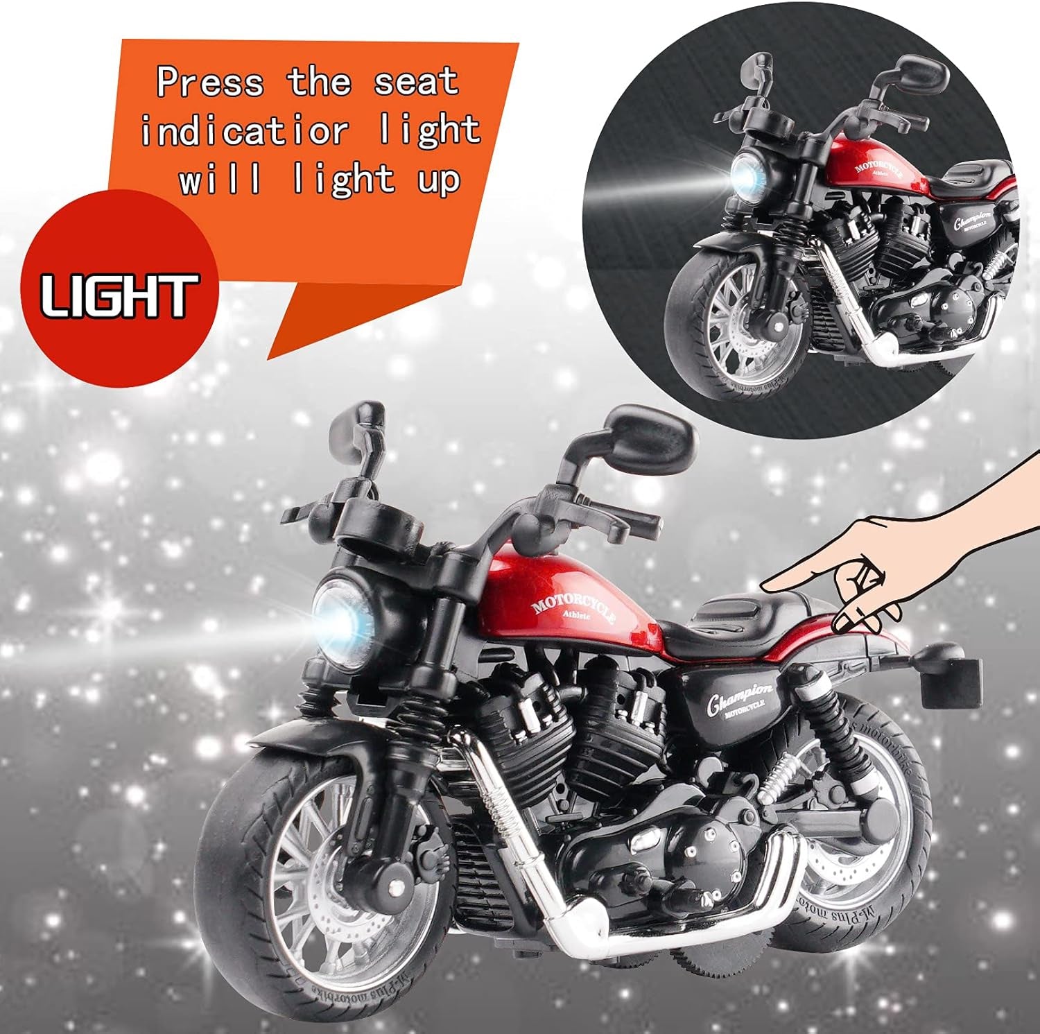 Die Cast Toy Motorcycle,Pull Back Motorcycle with Sounds and Lights 1:14 Friction Powered Kids Toy Cars,Motorcycle Toys Gift for Children over 3 Years Old Birthday (Red)