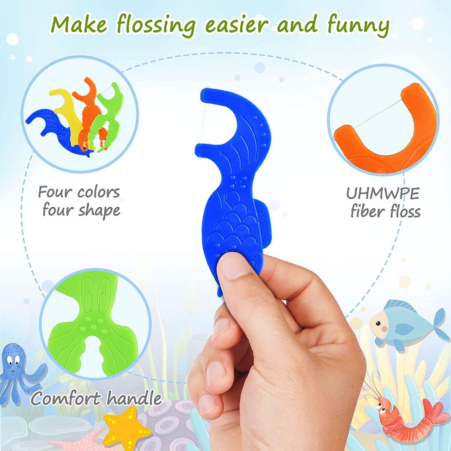 Kids Flossers, Kids Dental Floss Picks without Fluoride, Unflavored, 4 Colors Ocean Animals Shaped Makes Flossing Fun, 50 Count