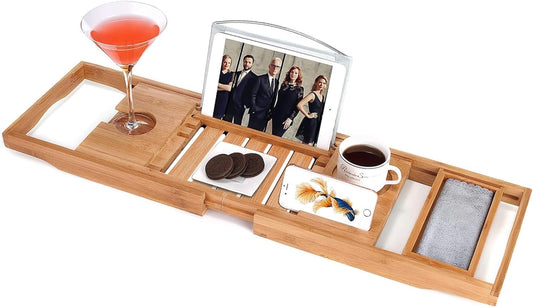 Bamboo Bathtub Caddy Tray Bath Tray for Tub, Adjustable Bathroom Bathtub Organizer with Book Tablet Wine Glass Cup Towel Holder