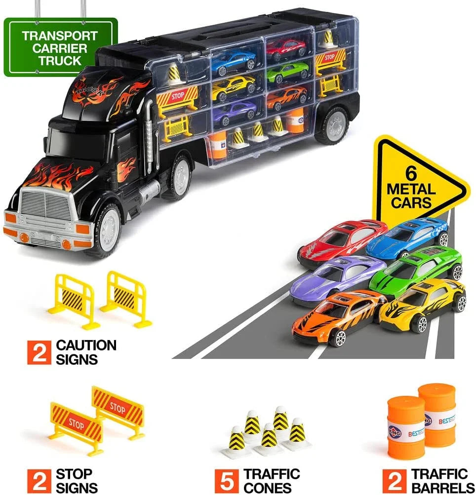 Toy Truck Transport Car Carrier - Toy Truck Includes 6 Toy Cars and Accessories - Toy Trucks Fits 28 Toy Car Slots - Great Car Toys Gift for Boys and Girls - Original by Usa