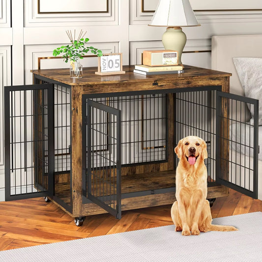 Dog Crate Furniture with Flip-Top, 38 Inch Double Doors Heavy Duty Dog Kennel Indoor with 360° Wheels End Table，Decorative Pet C