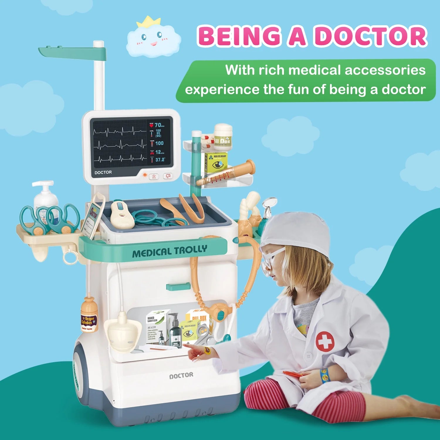 Doctor Kit for Kids Doctor Set Pretend Play Medical Kit Station Set for Girls Boys Dr. Playset Role Play Mobile Cart Trolley for Toddler Toys Christmas Gift, 26 PCS