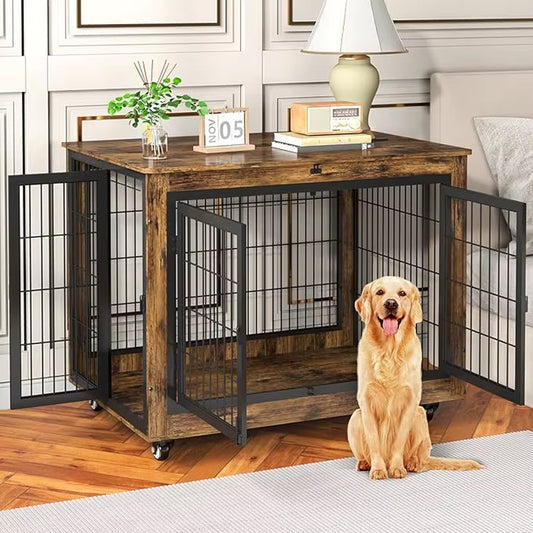Dog Crate Furniture with Flip-Top, 38 Inch Double Doors Heavy Duty Dog Kennel Indoor with 360° Wheels End Table，Decorative Pet C