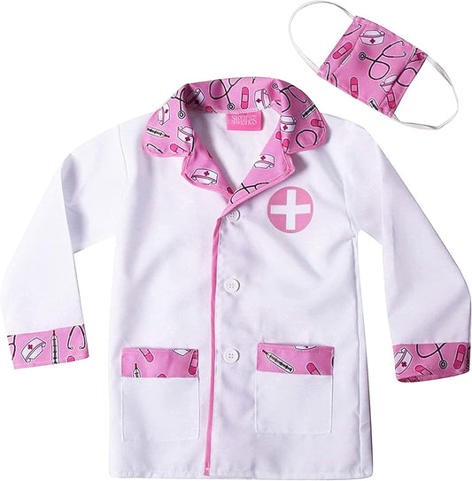 Kids Doctor Coat & Mask for Kids Doctor Costume | Kids Doctor Coat | Pink and White - for Ages 2-10