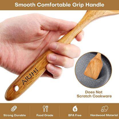 Wood Spoons for Cooking, Nonstick Kitchen Utensil Set, Wooden Spoons Cooking Utensil Set Non Scratch Natural Teak Wooden Utensils for Cooking (Teak 8 Pack)