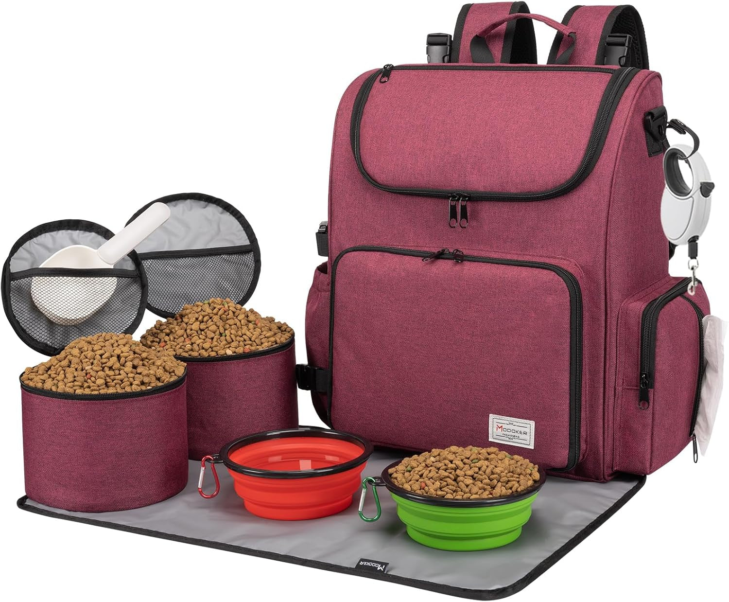 Dog Travel Bag Backpack, Airline Approved Pet Accessories Organizer for Dog and Cat with Shoulder Strap, 2 Dog Food Storage Containers, 2 Collapsible Dog Bowls,1 Pet Mat, Rose Red