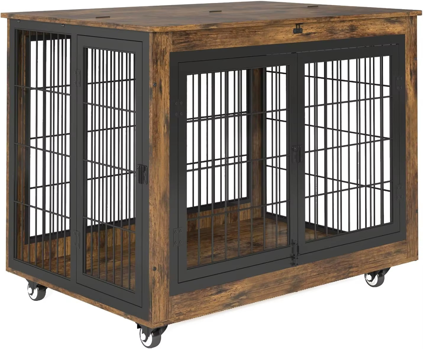 Dog Crate Furniture with Flip-Top, 38 Inch Double Doors Heavy Duty Dog Kennel Indoor with 360° Wheels End Table，Decorative Pet C