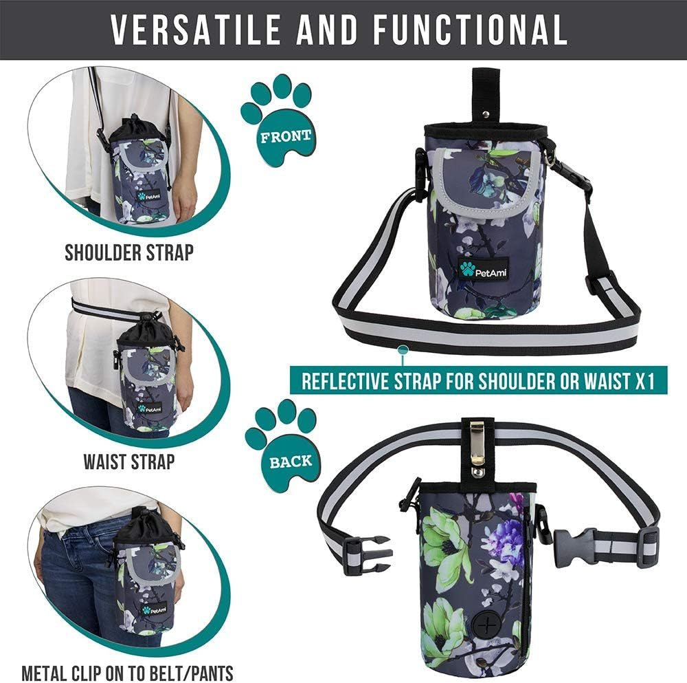 Dog Treat Pouch, Large Pet Training Treat Pouch with Pocket, Dog Trainer Essentials Supply Holder with Poop Bag Dispenser, Training Bag for Kibbles Toys, 3 Ways to Wear (Floral Grey)