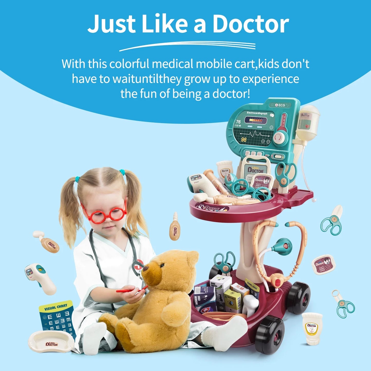Aiqi Play Doctor Kit for Kids,Medical Kit Toy Cart with 24Pieces Accessories Doctor Play Set for Kids,Toddler Boys & Girls