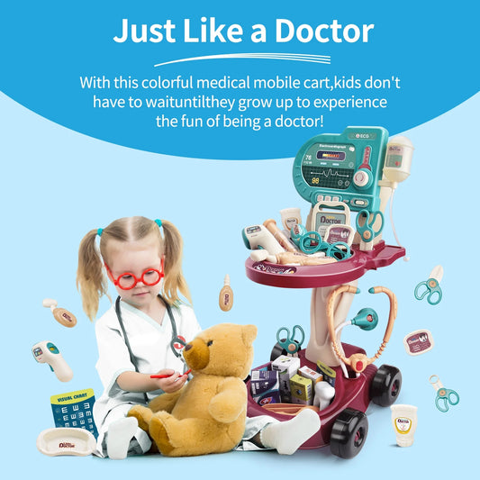 Aiqi Play Doctor Kit for Kids,Medical Kit Toy Cart with 24Pieces Accessories Doctor Play Set for Kids,Toddler Boys & Girls