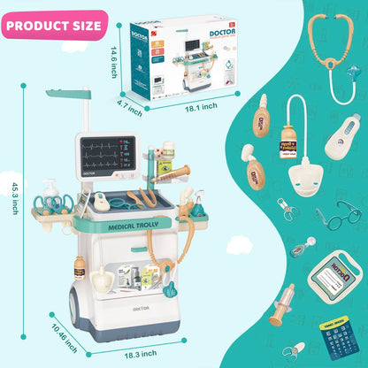 Doctor Kit for Kids Doctor Set Pretend Play Medical Kit Station Set for Girls Boys Dr. Playset Role Play Mobile Cart Trolley for Toddler Toys Christmas Gift, 26 PCS