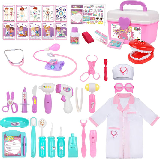 Doctor Kit for Toddlers 3-5, Medical Pretend Play Toys with Gift Case, 42 Piece Dentist Playset Kit for Kids,For Christmas Birthday Gift(Pink)